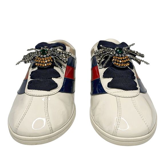Gucci Falacer Patent Leather Sneakers 38 White Red Blue Bee Crystal Low Top - Picture 4 of 11